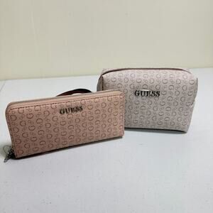GUESS Wallet and Cosmetic Bag Set Beige Pink Logo Print Travel Pouch